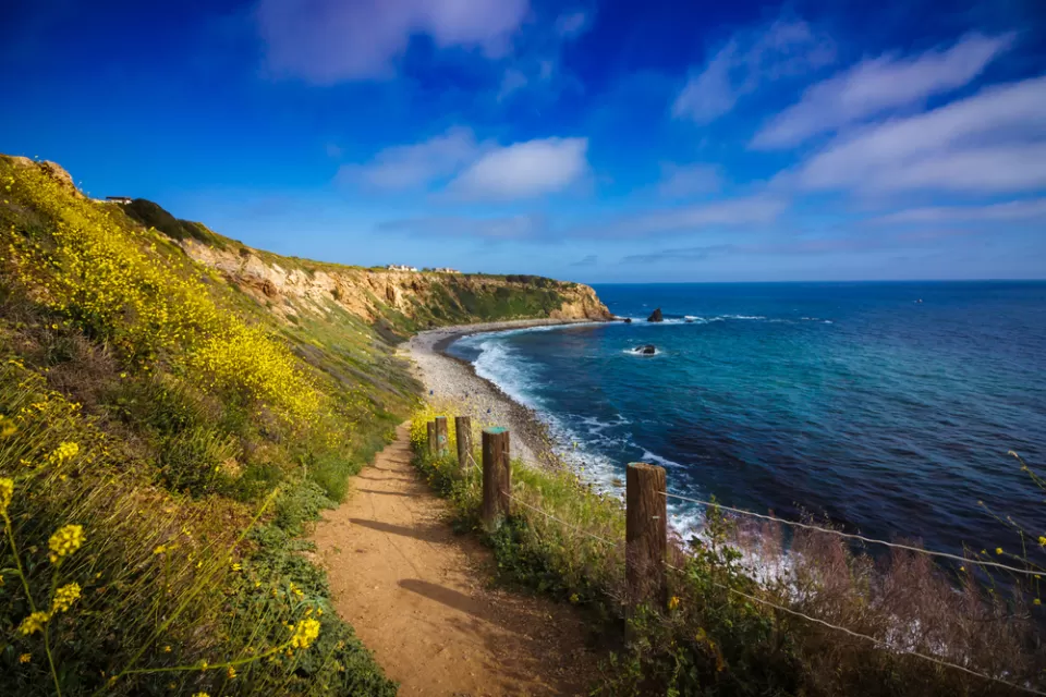 Dirt walking trail with blue ocean on one side and green hillside on the other in Rancho Palos Verdes, California
